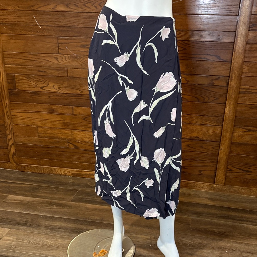 Black Midi Skirt with Pale Pink Floral Print by